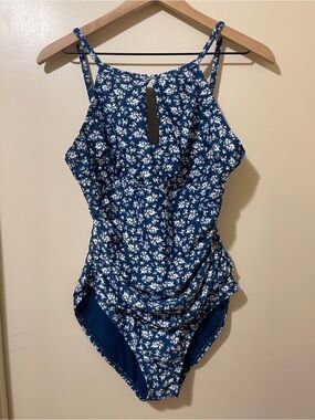 Ellen Tracy High Neck Key Hole Blue Floral One-Piece Swimsuit Size 14